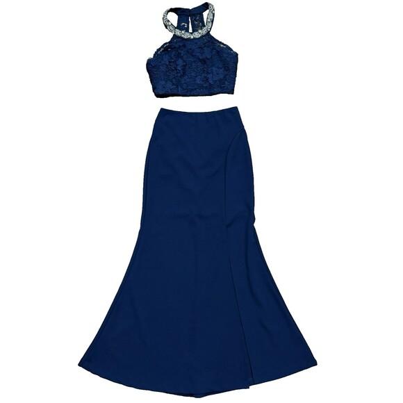 My Michelle Navy Blue Two-Piece Lace Rhinestone Formal Dress Prom Dress Sz 1 - Picture 1 of 16